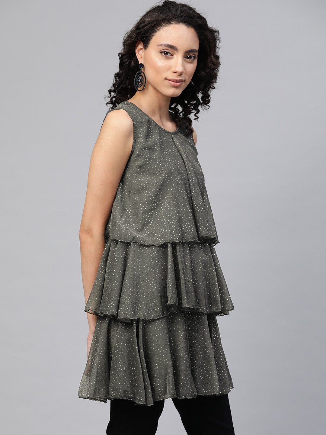 Women's Grey Chiffon Silver Glitter Printed Tiered Tuni