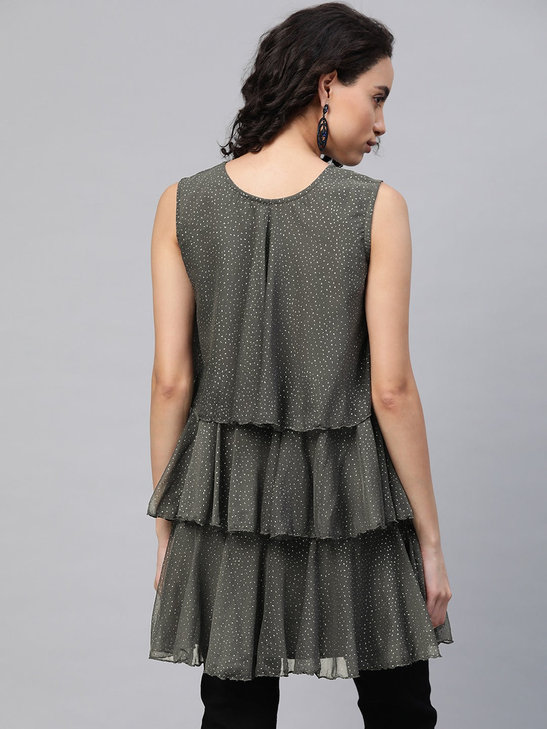 Women's Grey Chiffon Silver Glitter Printed Tiered Tuni
