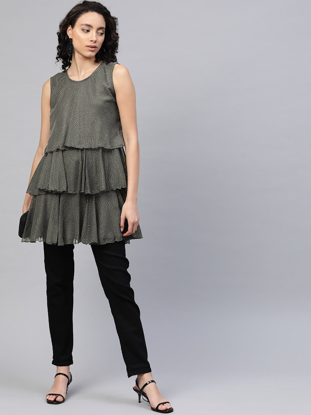 Women's Grey Chiffon Silver Glitter Printed Tiered Tuni