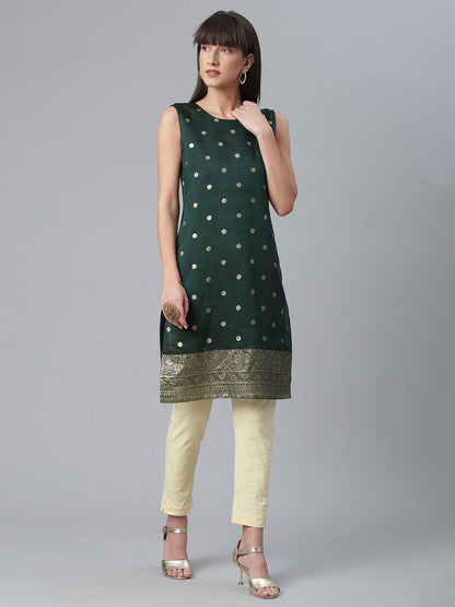 Women's Dark Green Chanderi Gold Foil Print Kurt