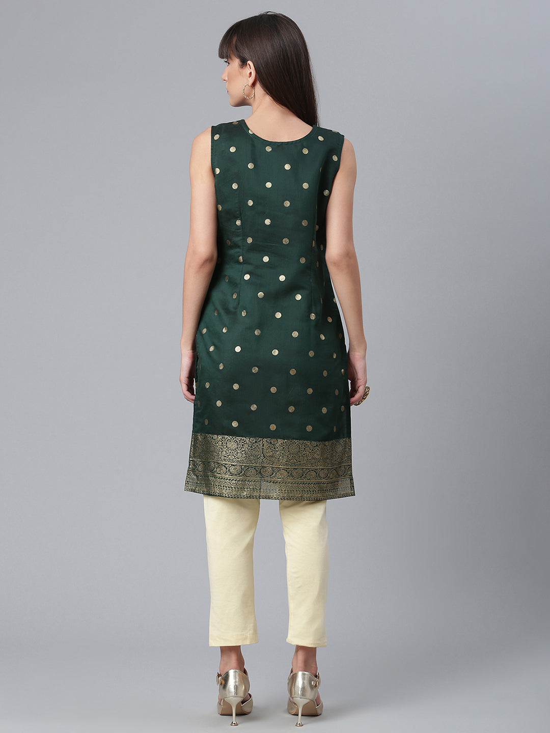 Women's Dark Green Chanderi Gold Foil Print Kurt