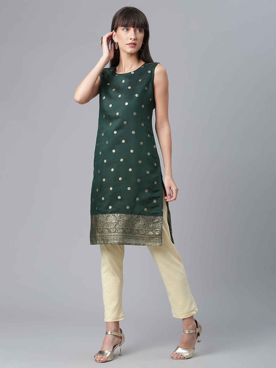 Women's Dark Green Chanderi Gold Foil Print Kurt