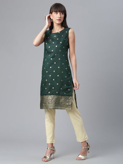 Women's Dark Green Chanderi Gold Foil Print Kurt