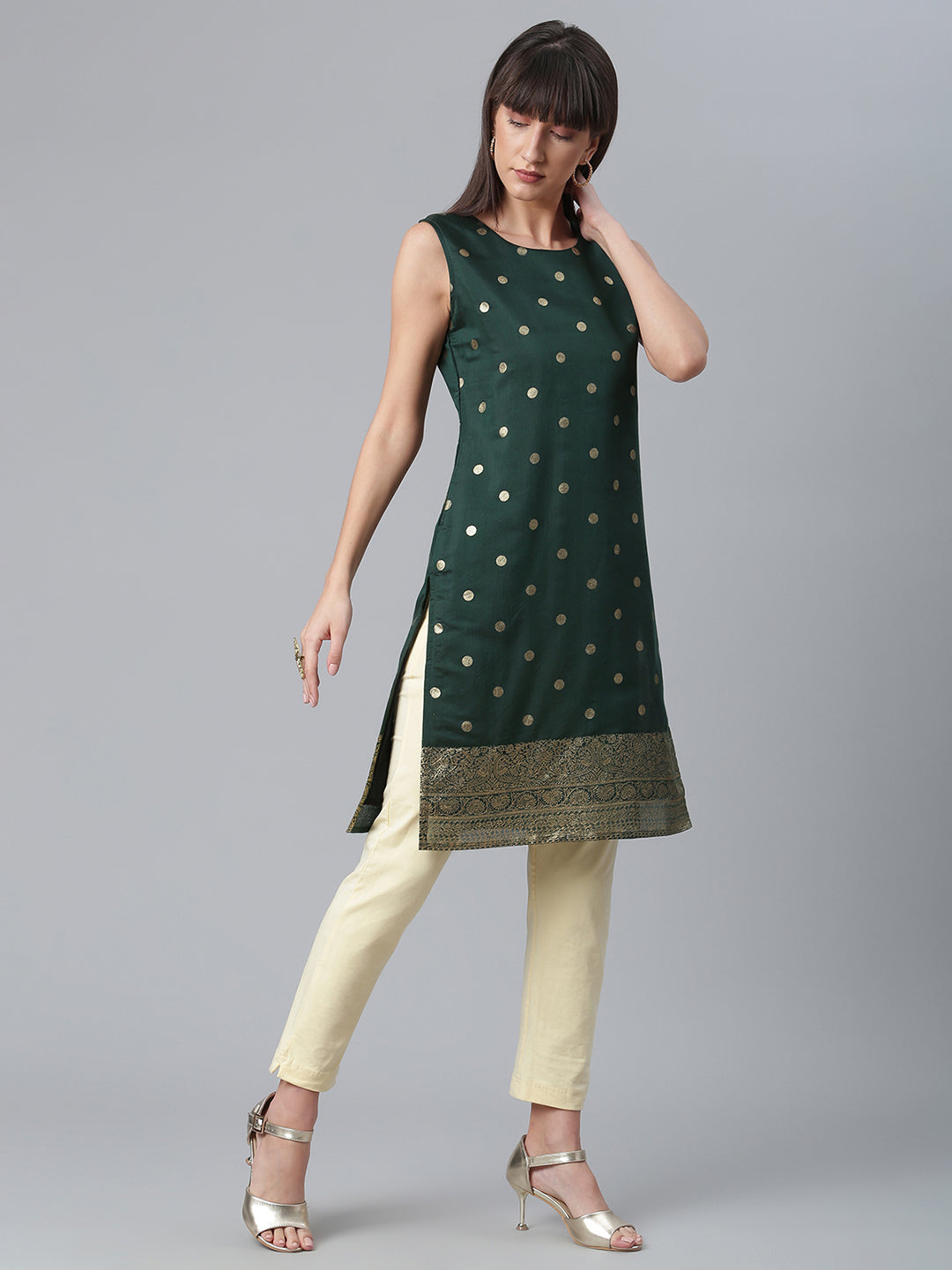 Women's Dark Green Chanderi Gold Foil Print Kurt