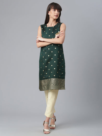 Women's Dark Green Chanderi Gold Foil Print Kurt