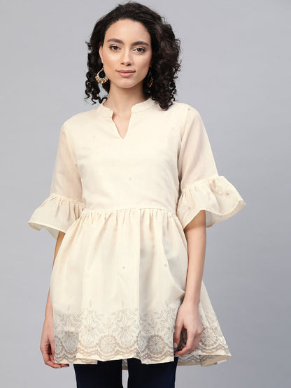 Women's Cream-Coloured Chanderi Ethnic Print Tuni
