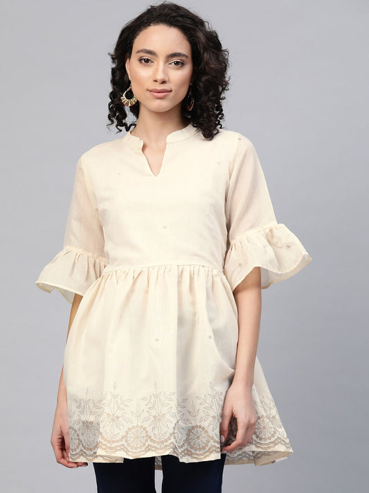 Women's Cream-Coloured Chanderi Ethnic Print Tuni