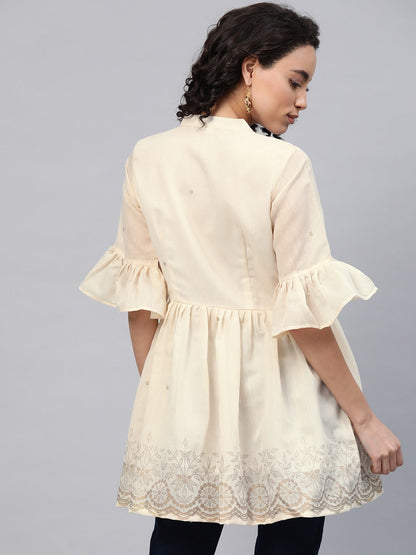 Women's Cream-Coloured Chanderi Ethnic Print Tuni