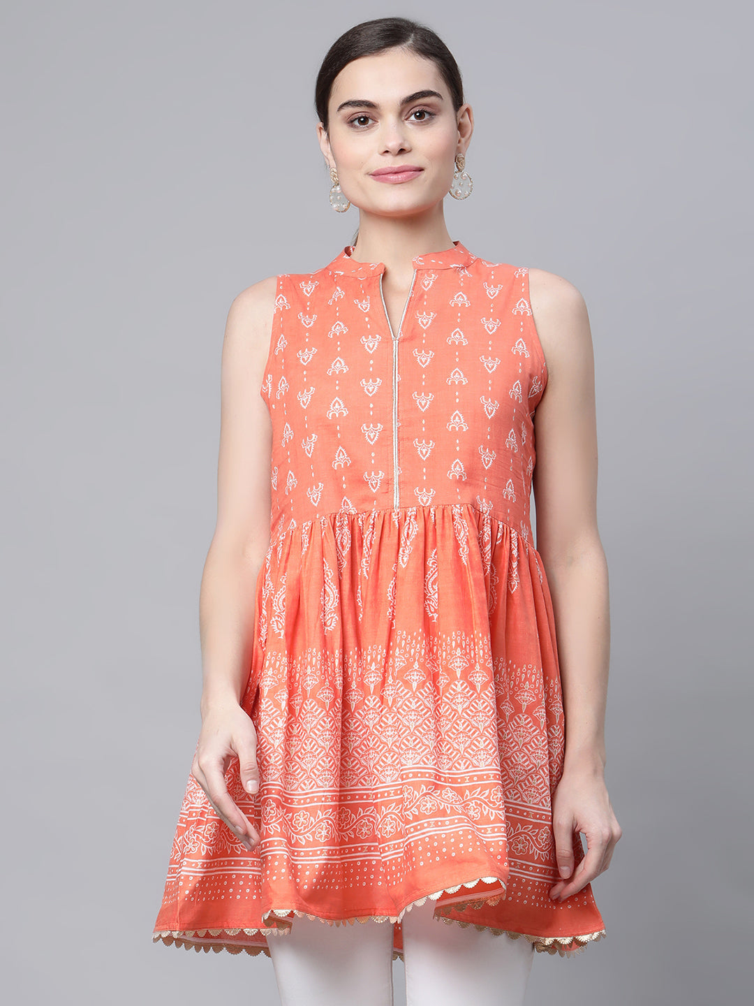 Women's Orange Cotton Porcian Print Tunic