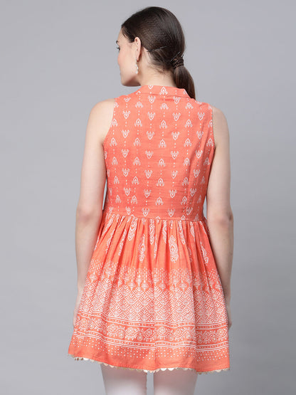 Women's Orange Cotton Porcian Print Tunic