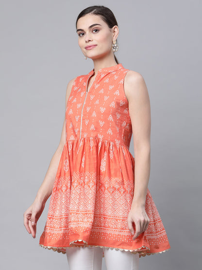 Women's Orange Cotton Porcian Print Tunic