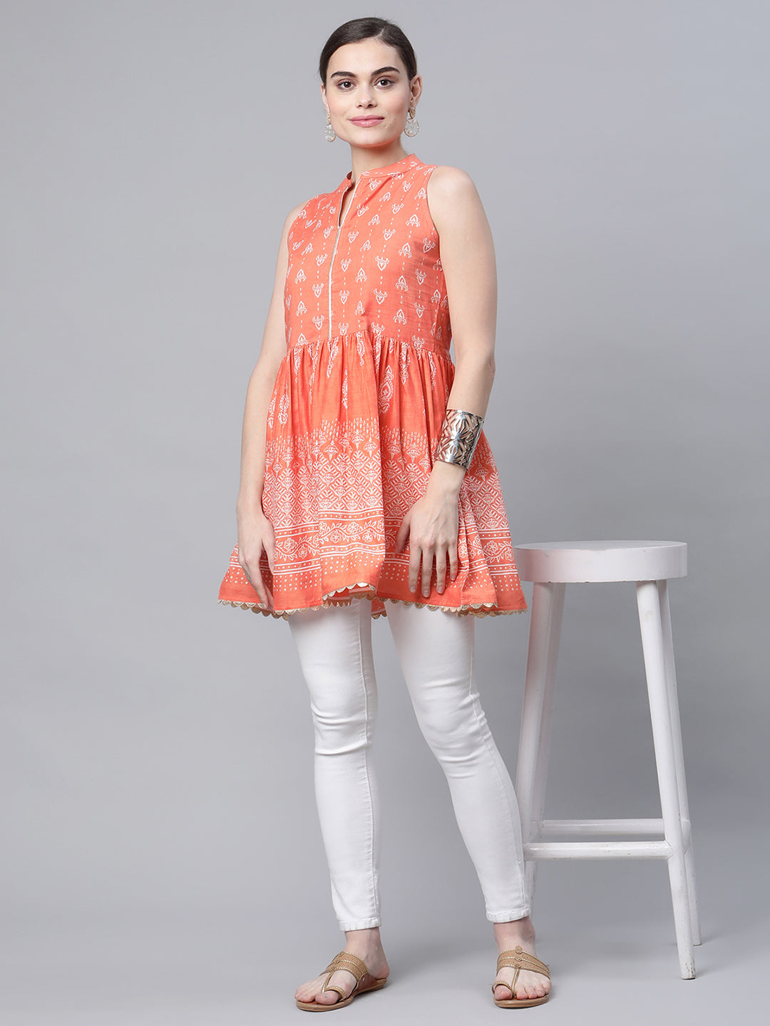 Women's Orange Cotton Porcian Print Tunic