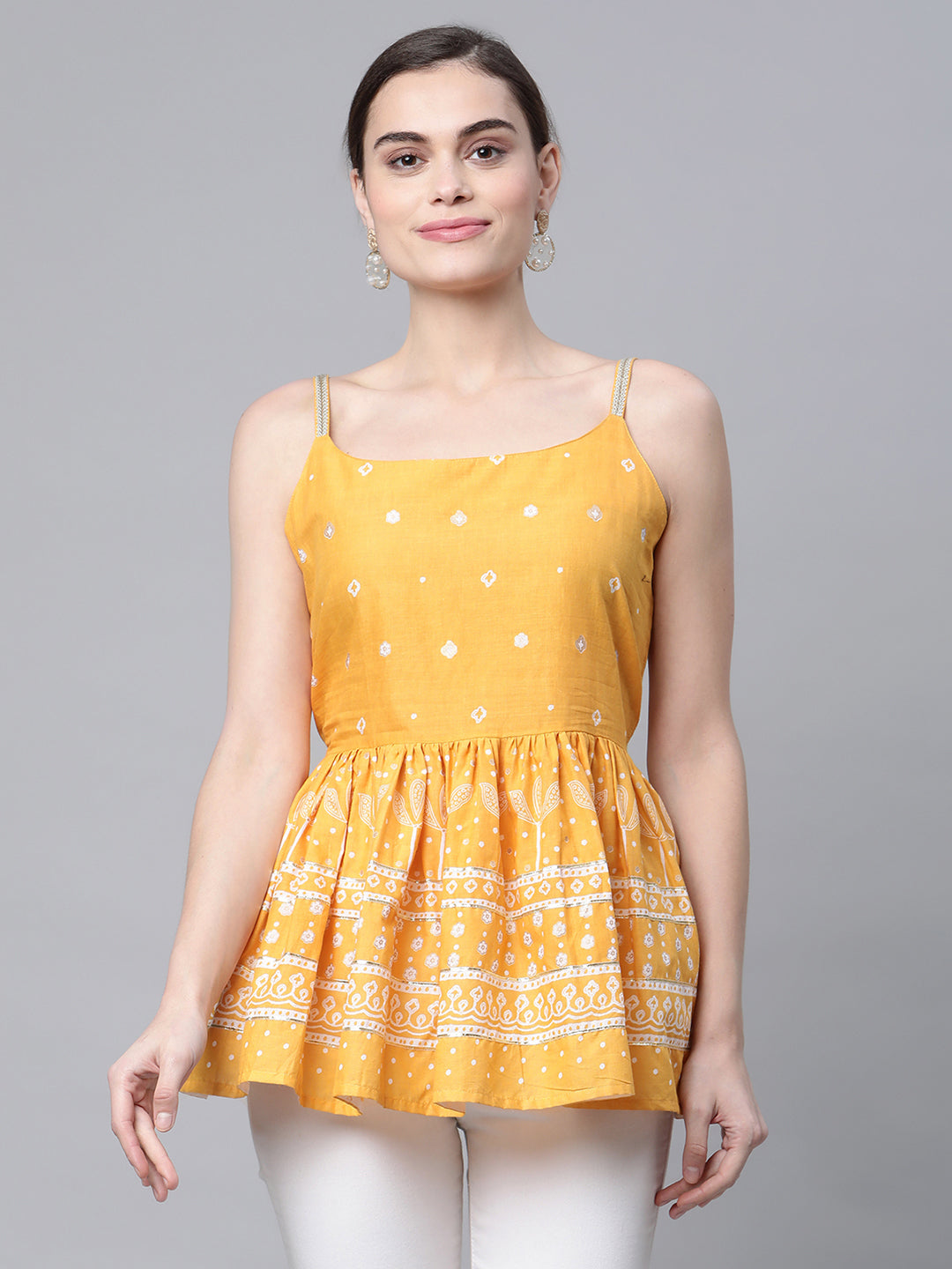 Women's Mustard Cotton Porcian Print Shoulder Straps Tunic