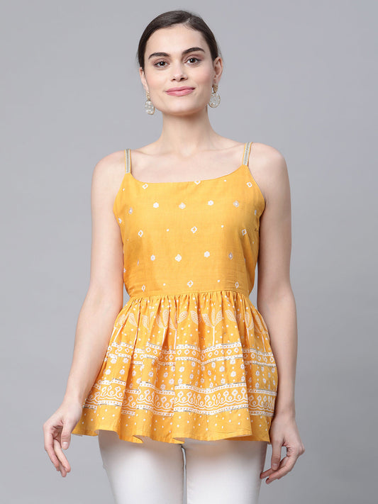 Women's Mustard Cotton Porcian Print Shoulder Straps Tunic