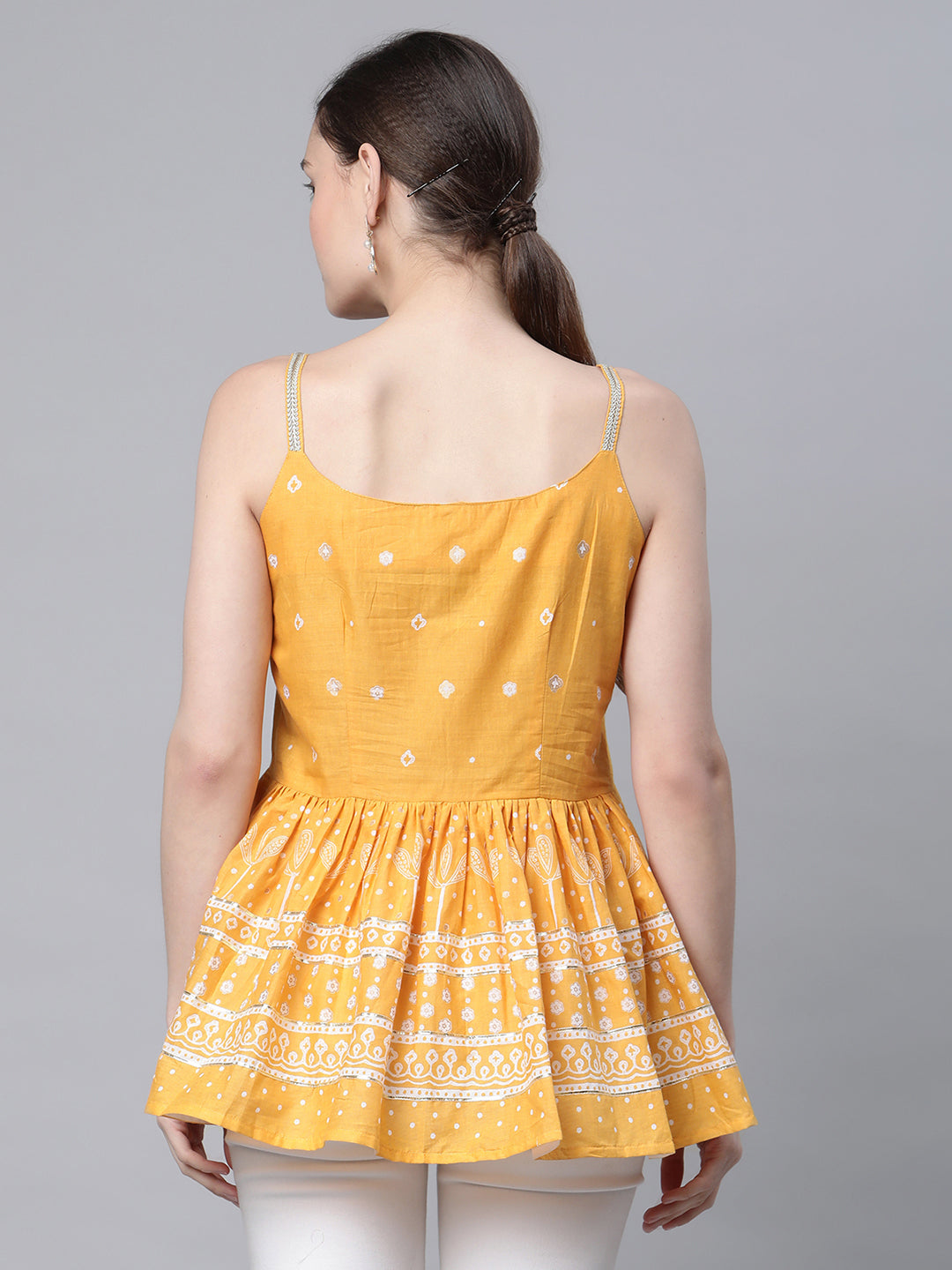 Women's Mustard Cotton Porcian Print Shoulder Straps Tunic