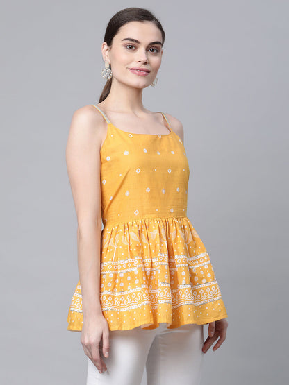 Women's Mustard Cotton Porcian Print Shoulder Straps Tunic