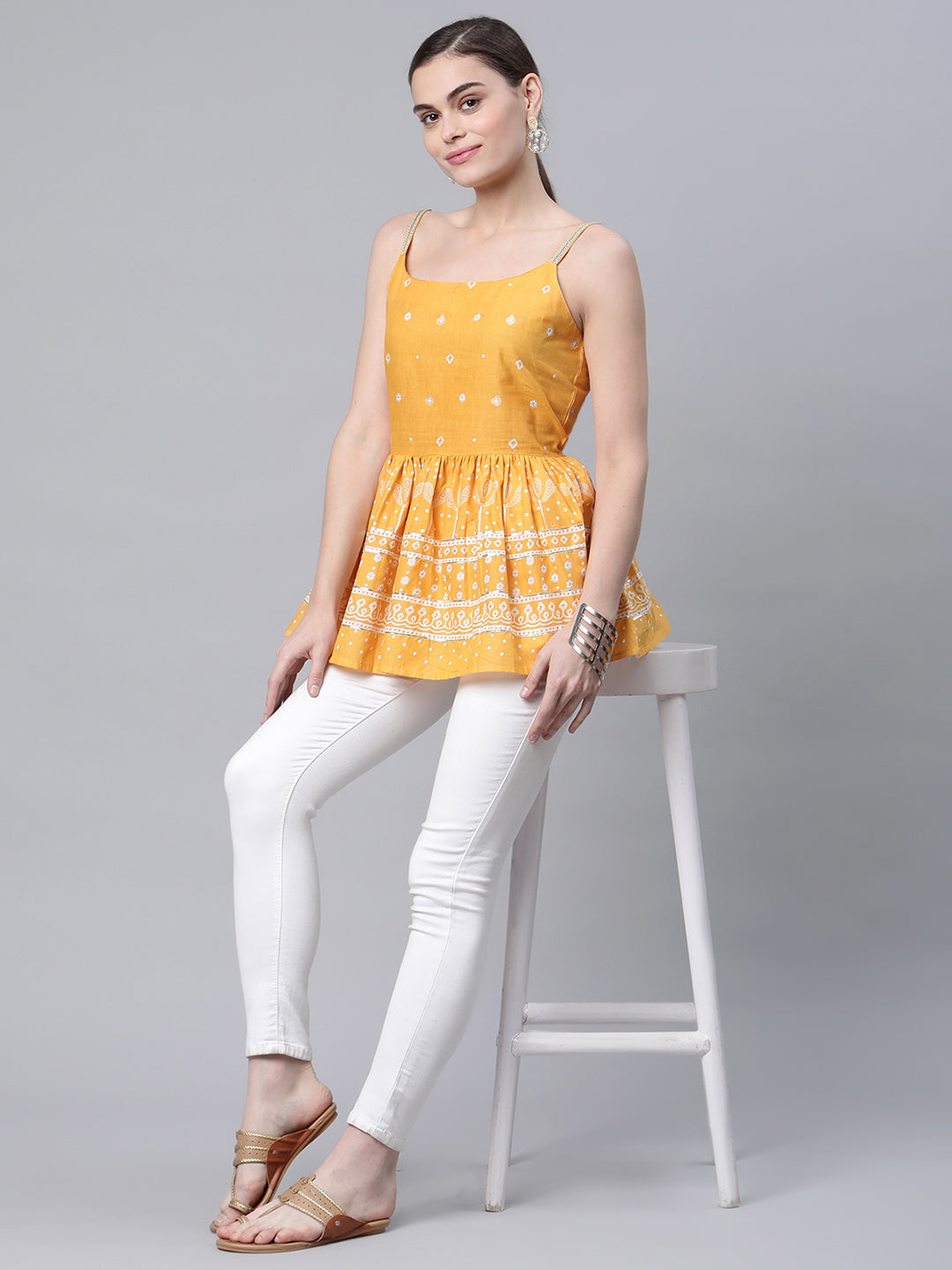 Women's Mustard Cotton Porcian Print Shoulder Straps Tunic