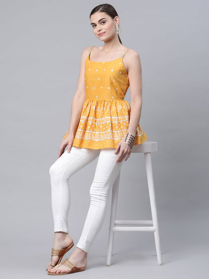 Women's Mustard Cotton Porcian Print Shoulder Straps Tunic