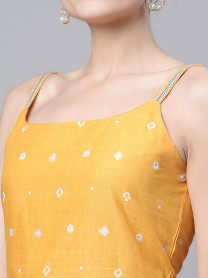 Women's Mustard Cotton Porcian Print Shoulder Straps Tunic