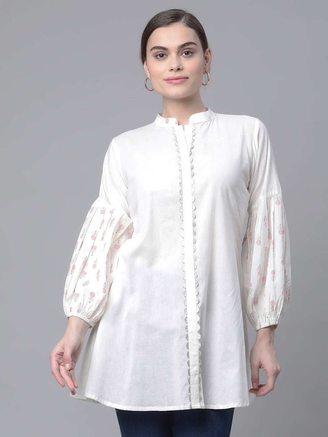 Women's Off White Cotton Printed Tunic