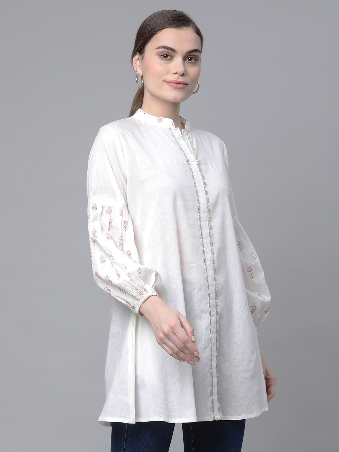 Women's Off White Cotton Printed Tunic