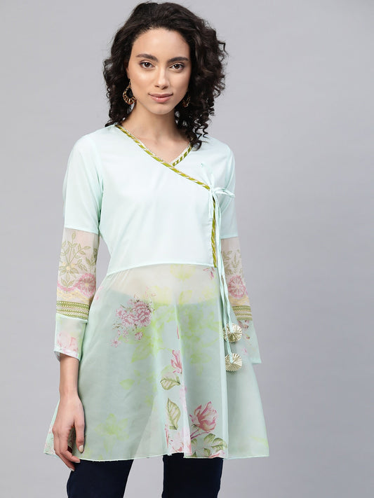 Women's Sea Green Crepe & Organza Pink Floral Print Semi-Sheer Angrakha Tuni