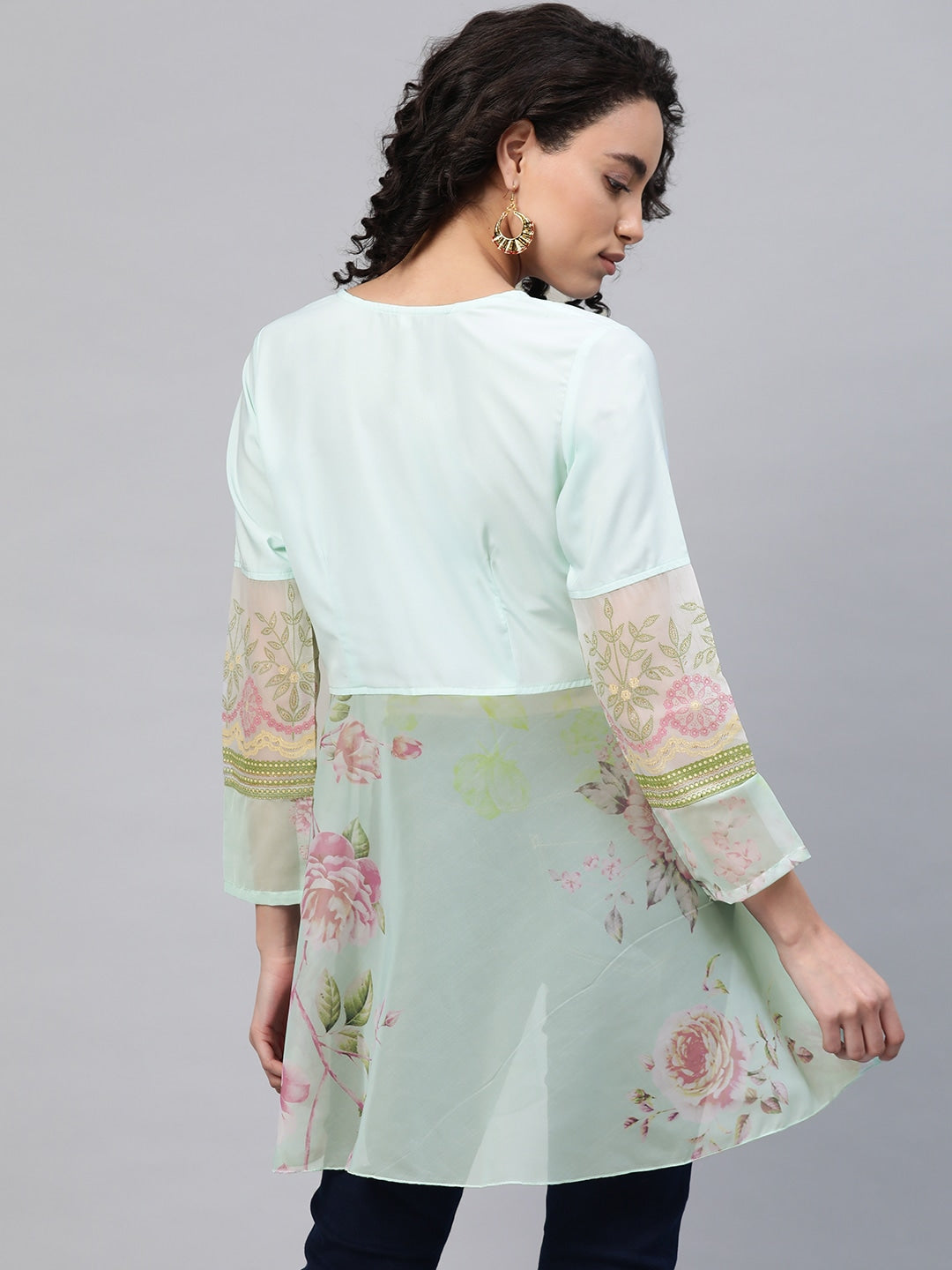 Women's Sea Green Crepe & Organza Pink Floral Print Semi-Sheer Angrakha Tuni