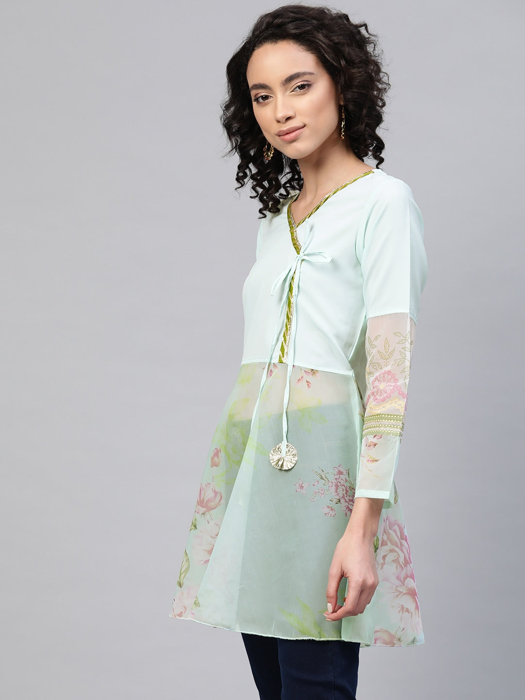 Women's Sea Green Crepe & Organza Pink Floral Print Semi-Sheer Angrakha Tuni