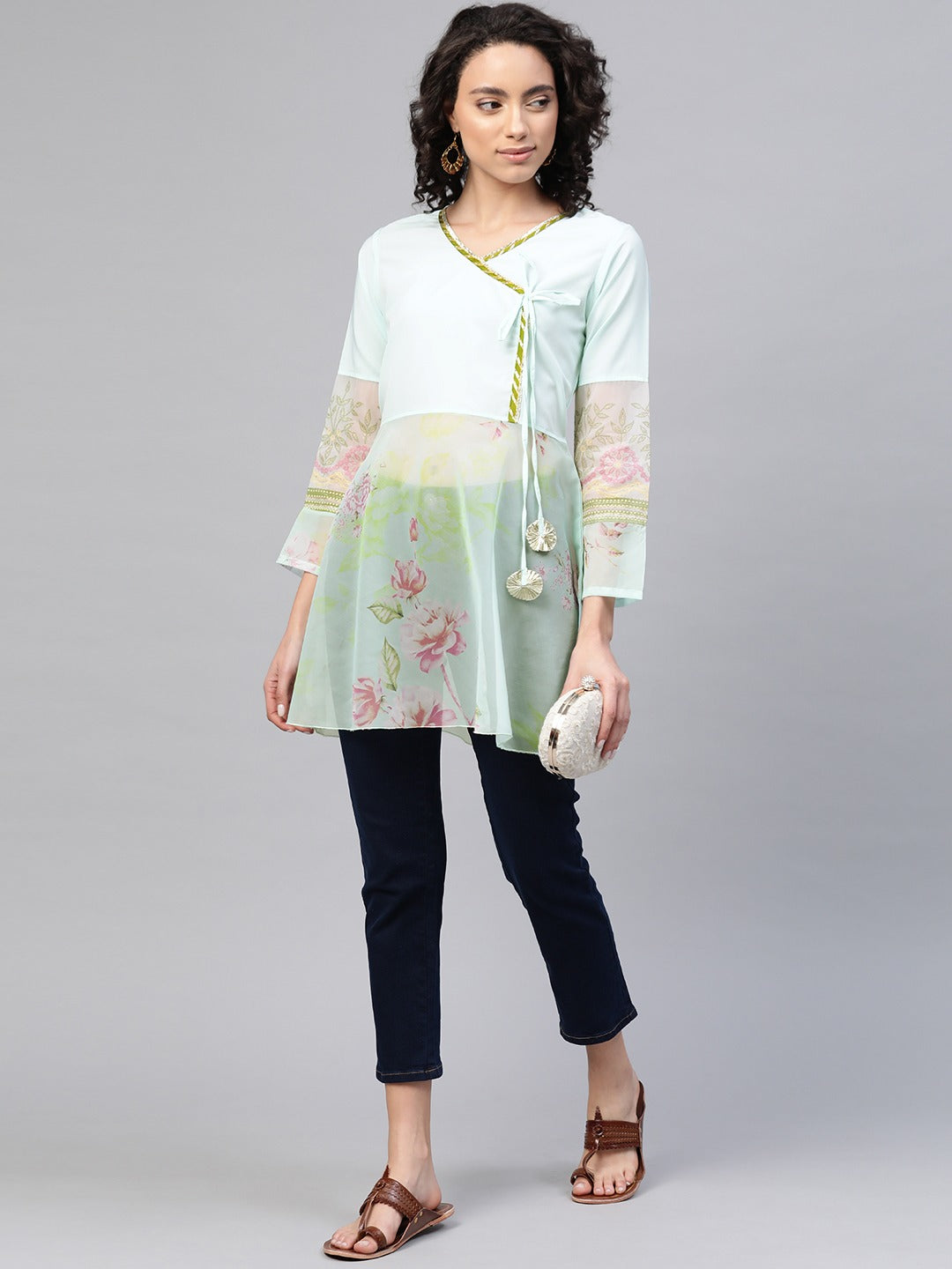 Women's Sea Green Crepe & Organza Pink Floral Print Semi-Sheer Angrakha Tuni