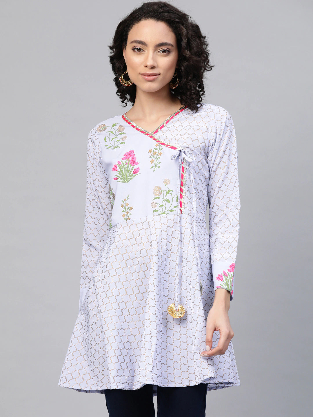 Women's Blue Crepe Pink & Gold Ethnic Print Angrakha Tuni
