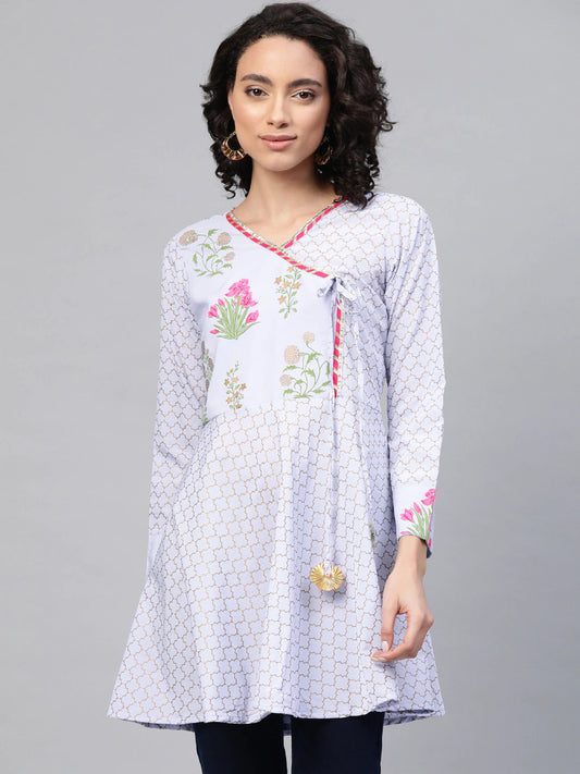 Women's Blue Crepe Pink & Gold Ethnic Print Angrakha Tuni