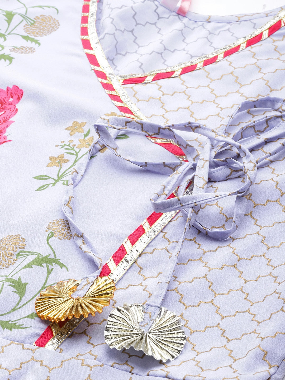 Women's Blue Crepe Pink & Gold Ethnic Print Angrakha Tuni