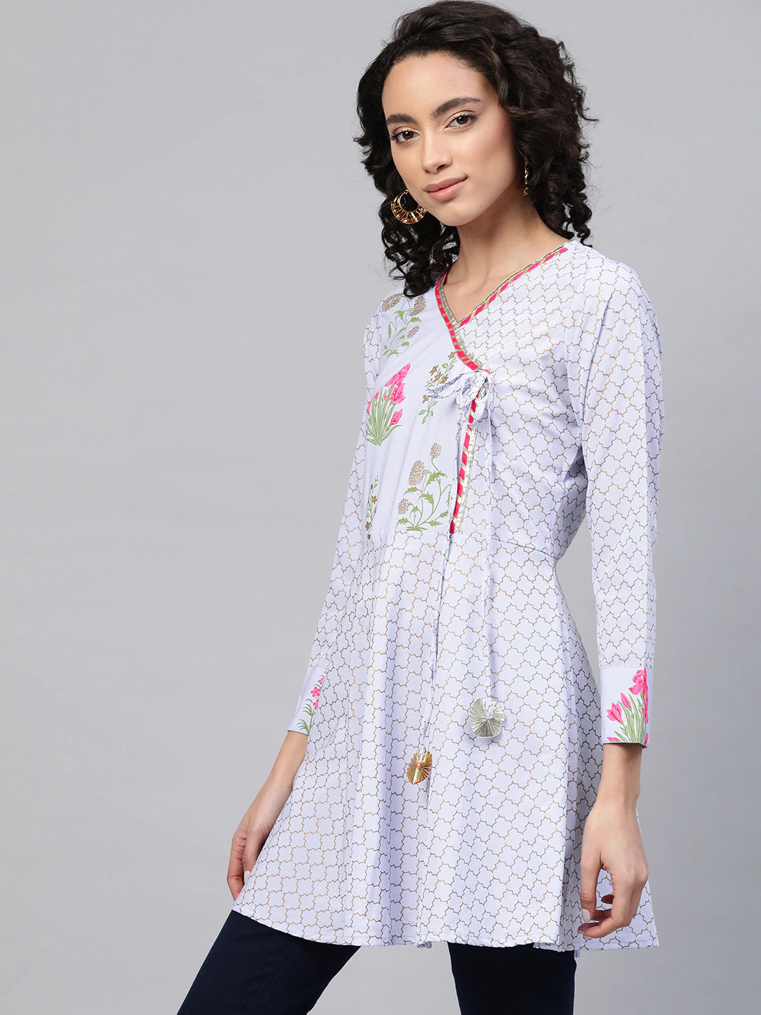 Women's Blue Crepe Pink & Gold Ethnic Print Angrakha Tuni