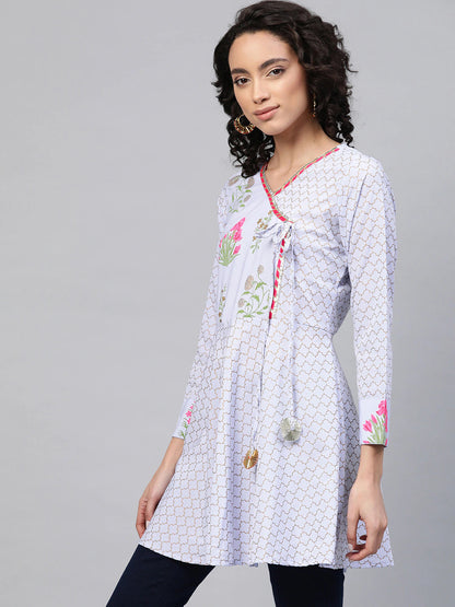 Women's Blue Crepe Pink & Gold Ethnic Print Angrakha Tuni