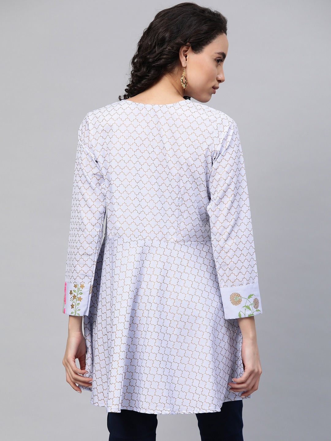 Women's Blue Crepe Pink & Gold Ethnic Print Angrakha Tuni
