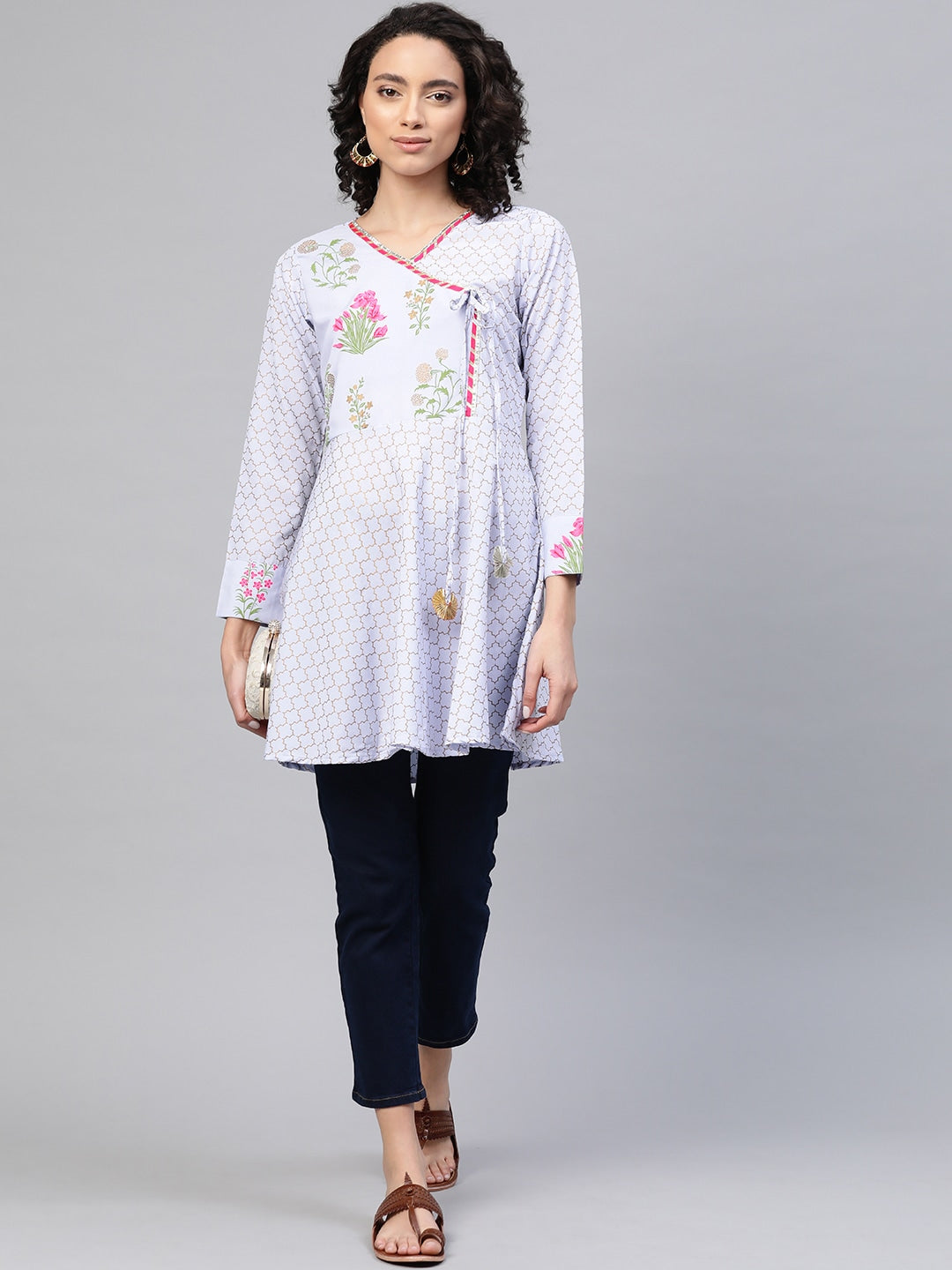 Women's Blue Crepe Pink & Gold Ethnic Print Angrakha Tuni