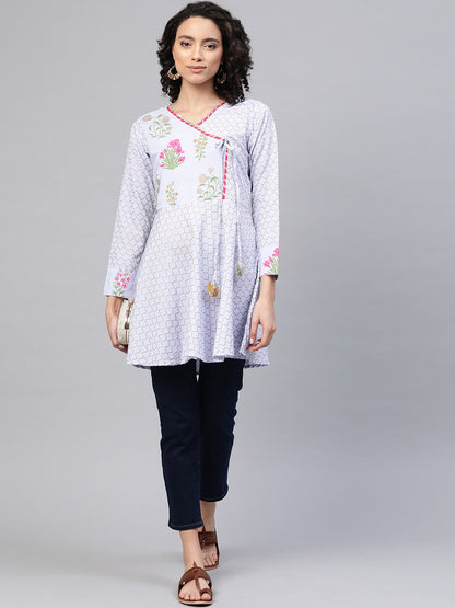Women's Blue Crepe Pink & Gold Ethnic Print Angrakha Tuni