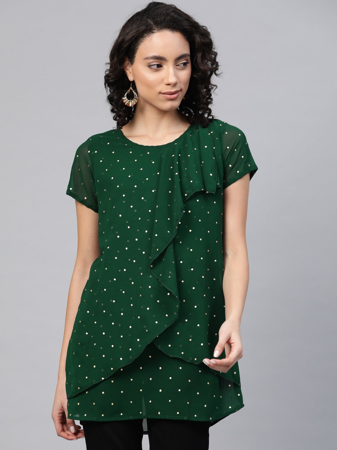 Women's Green Georgette Golden Polka Dots Print Layered Tuni