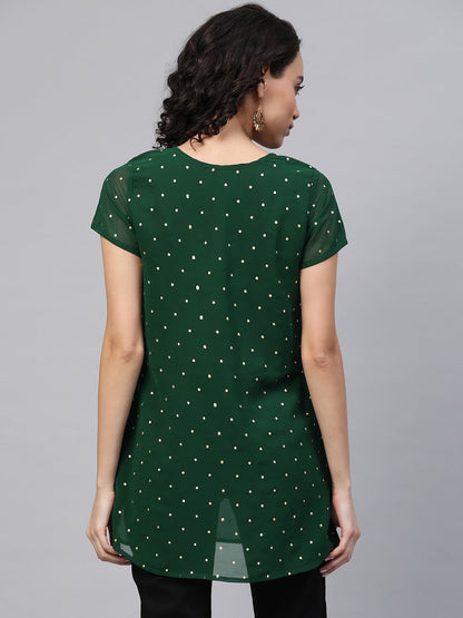 Women's Green Georgette Golden Polka Dots Print Layered Tuni