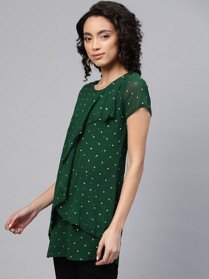 Women's Green Georgette Golden Polka Dots Print Layered Tuni