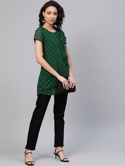 Women's Green Georgette Golden Polka Dots Print Layered Tuni