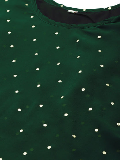 Women's Green Georgette Golden Polka Dots Print Layered Tuni