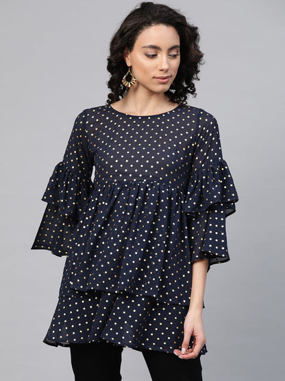 Women's Navy Blue Georgette Golden Polka Dots Print Tiered Tuni