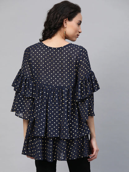 Women's Navy Blue Georgette Golden Polka Dots Print Tiered Tuni