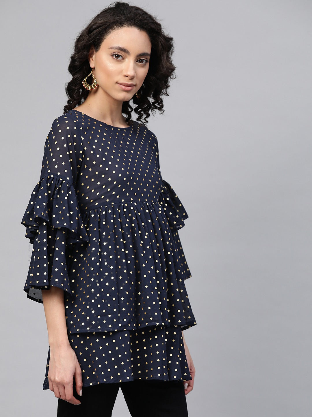 Women's Navy Blue Georgette Golden Polka Dots Print Tiered Tuni