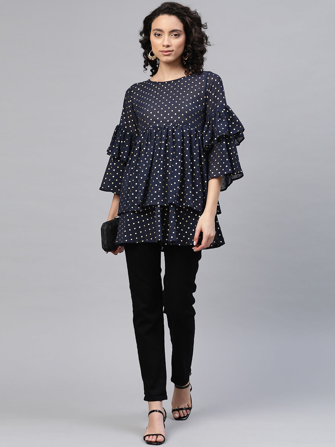 Women's Navy Blue Georgette Golden Polka Dots Print Tiered Tuni