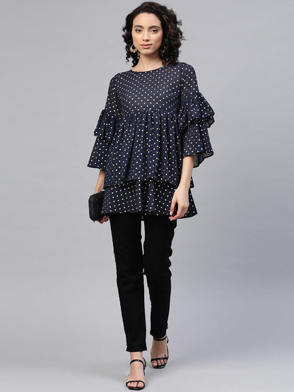 Women's Navy Blue Georgette Golden Polka Dots Print Tiered Tuni