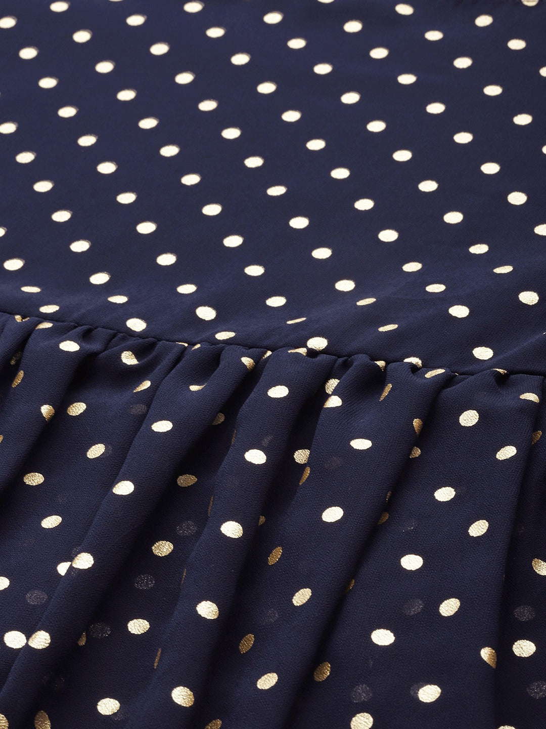 Women's Navy Blue Georgette Golden Polka Dots Print Tiered Tuni