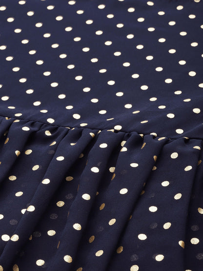 Women's Navy Blue Georgette Golden Polka Dots Print Tiered Tuni