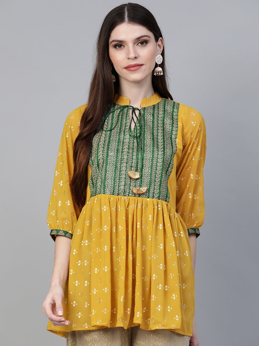 Women's Mustard Georgette Glitter Print Western Tuni